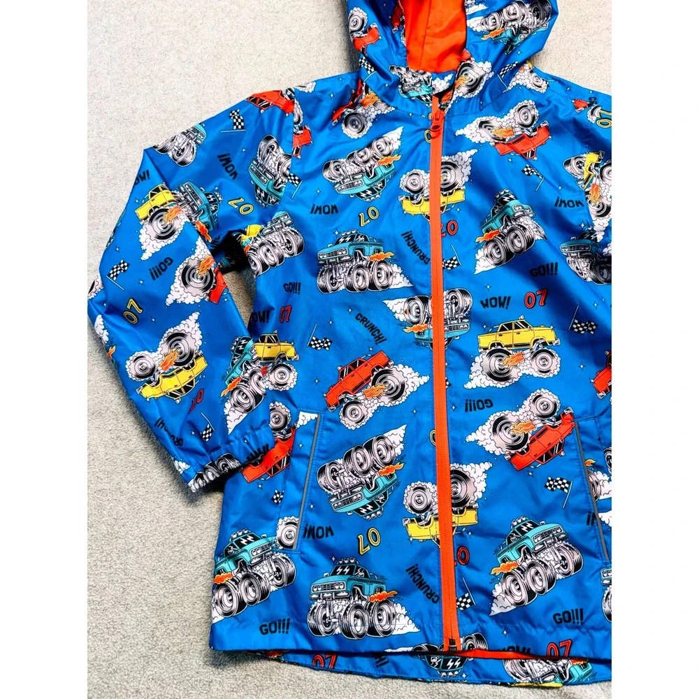 L&D Monster Truck Windbreaker Kids Medium 8-10 Blue Hooded Racing Jacket School